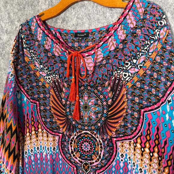 Tolani 100% Silk Geometric Mandala Blouse Colorful Bohemian Artsy 3X - Picture 3 of 11